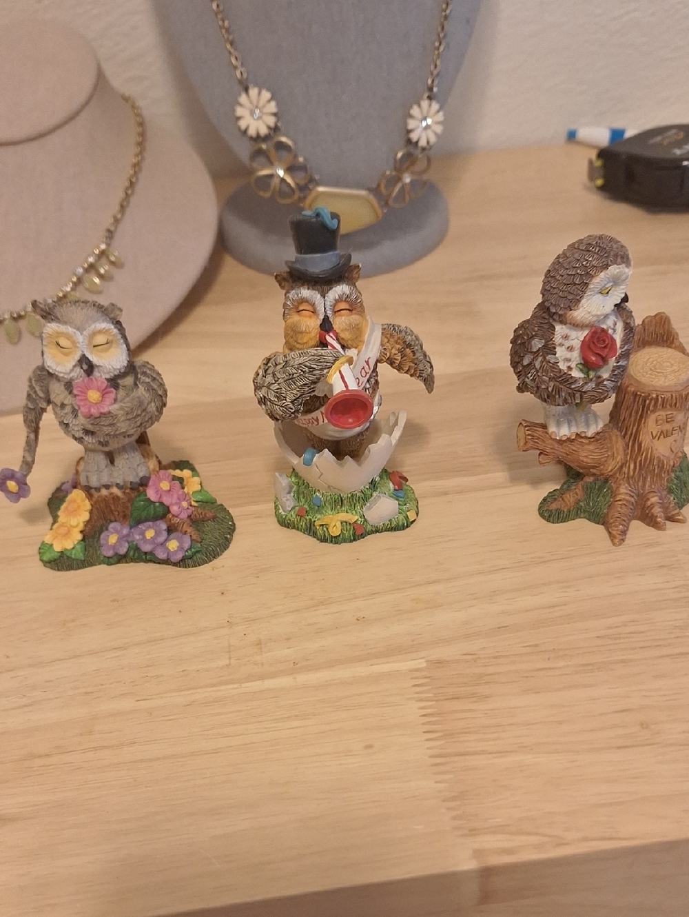 Willow Owl Figurine Trio - Brown, Tan, Green, Yellow, Purple, Pink, Red, White